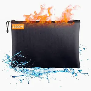 Large Fireproof & Waterproof Document Bag, Zipper Storage Pouch for A4 Files, Cash, Tablet and Valuables, 0.5mm Silicone Fiberglass Black