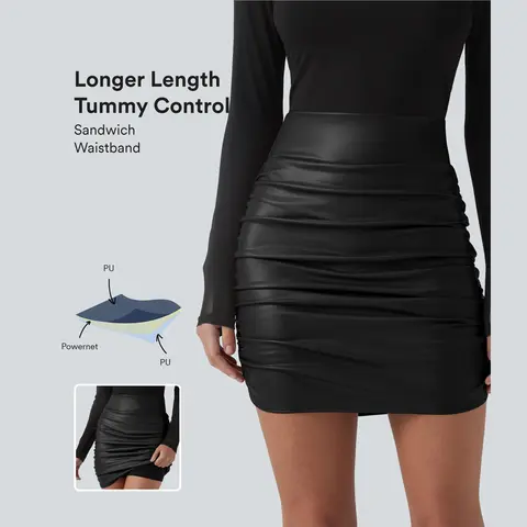 Halara High Waisted Tummy Control Ruched Curved Hem 2-in-1 Fleece PU Mini Bodycon Party Skirt-Longer Length