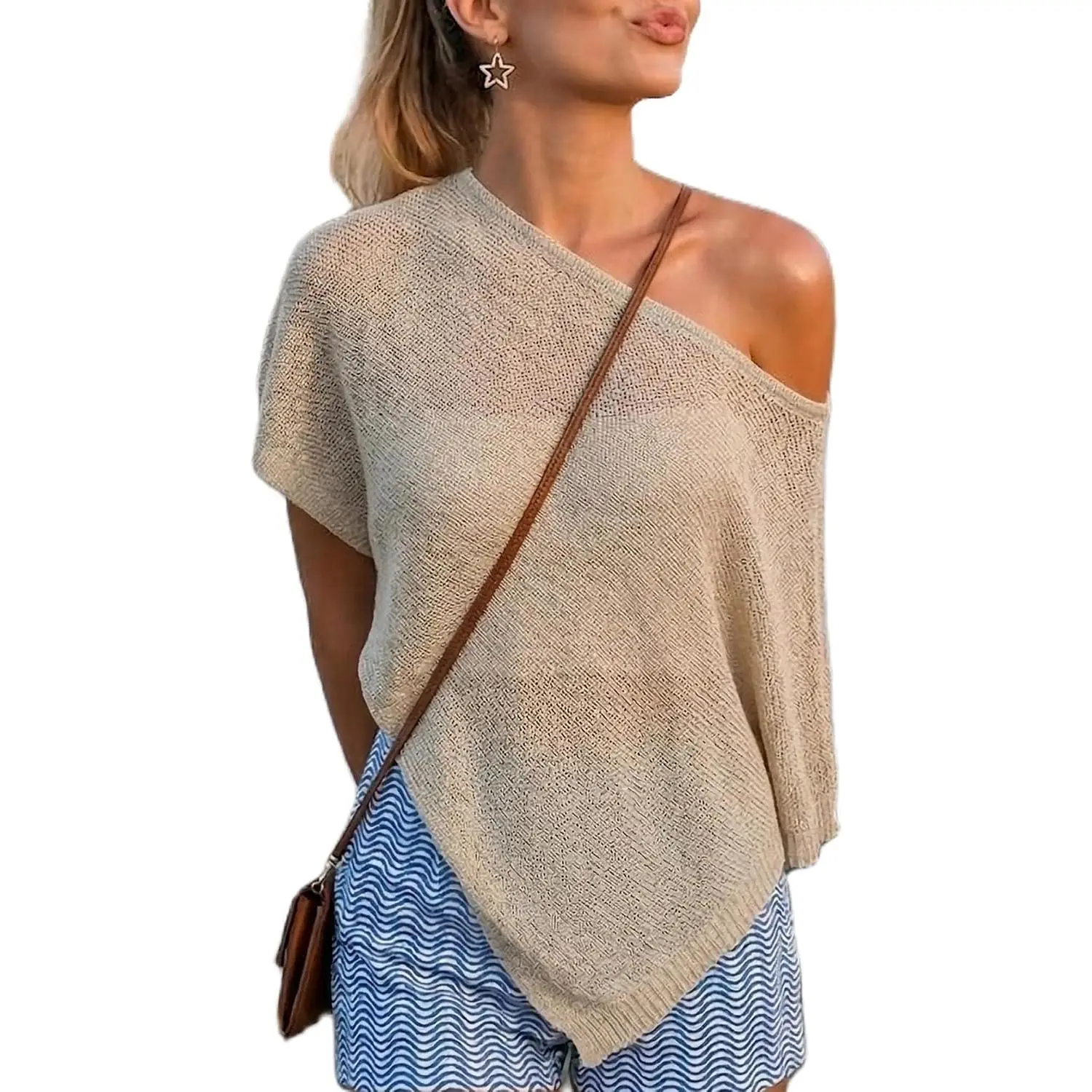 Women Knit Sheer Poncho Off the Shoulder Shawl Beach Cover up Shrug Top | Asymmetrical Cape Shrug Summer See Through Lightweight Shirt