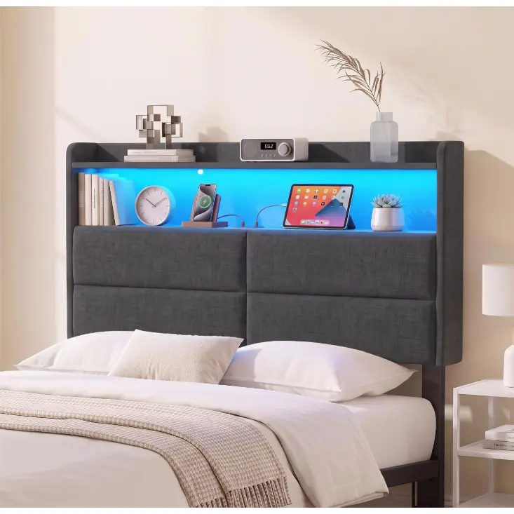 Twin Headboard with RGB LED Lights & Charging Station – Linen Upholstered, 2-Tier Storage Shelves, Height Adjustable, USB & Type-C Ports, Black