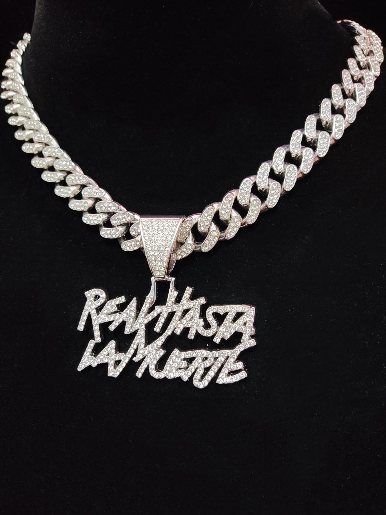 Street Style Rhinestones Decorated Letters Design Pendant Necklace, Casual Trendy Pendant Necklace for Party & Daily Decoration Without Box for Men, Cuban Link Chain