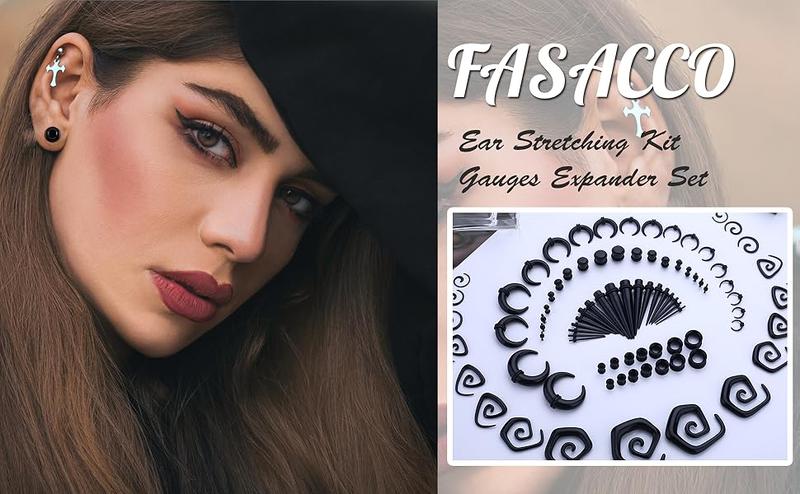 FASACCO 86Count Ear Stretching Kit Acrylic Tapers and Plugs Spiral Tapers Silicone Tunnels Gauges Expander Set Ear 14G-00G Body Piercing Jewelry Set