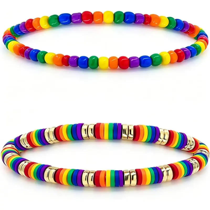 Ronglry 2pcs Pride Bracelet Rainbow LGBTQ Accessories Clay Bracelet for LGBT Rainbow Bracelets for Women Men Beaded Stackable Stretch Bracelets for Lesbian Trans Gay Pride Accessories Jewelry Gifts