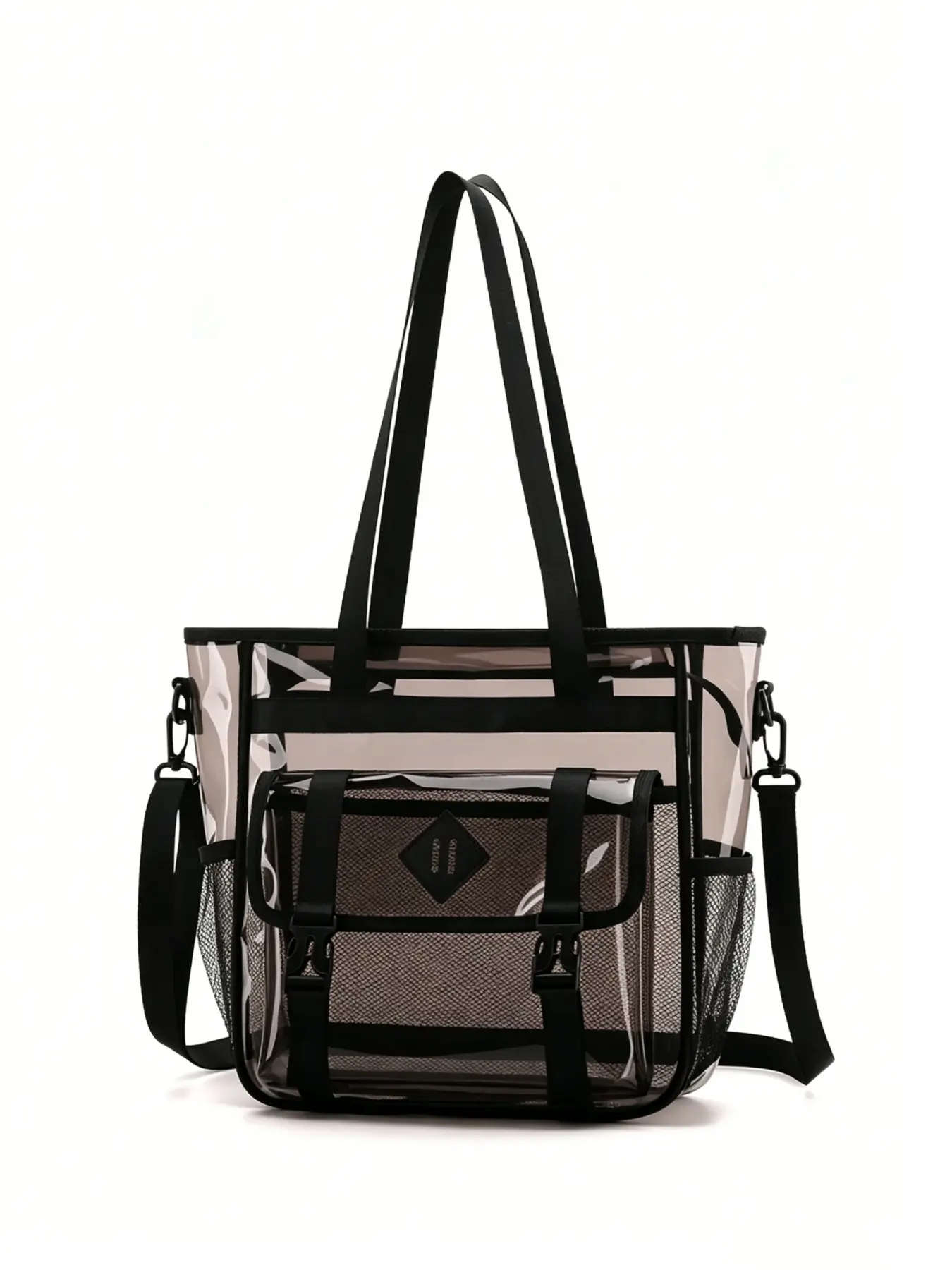 Vacation-style transparent large-capacity tote bag, minimalist commuter bag with mesh pocket and front pocket shoulder bag/handbag, casual shoulder bag, comes with detachable crossbody strap.