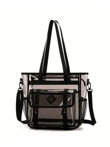 Vacation-style transparent large-capacity tote bag, minimalist commuter bag with mesh pocket and front pocket shoulder bag/handbag, comes with detachable crossbody strap.