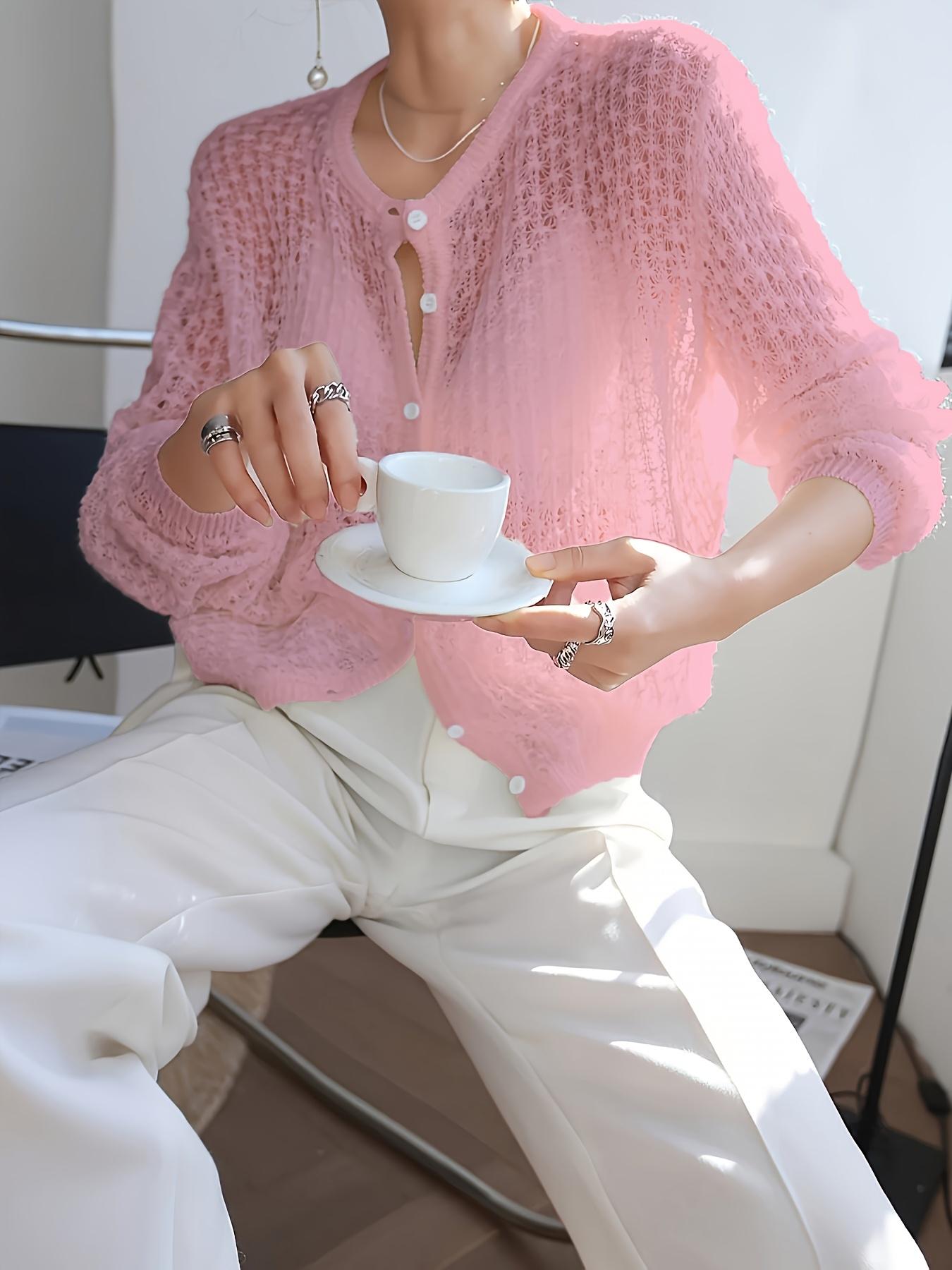 Women's Fashion Round Neck Knit Long Sleeve Cardigan Button, Lightweight Casual Style, Perfect for Spring, Summer, Autumn, Elegant Loose Fit, Knitwear