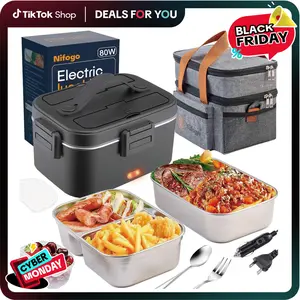 Nifogo  Electric Lunch Box Food Heater 80W Portable Heated Lunch Box for Adults Food Warmer Lunch Box 110V/24V/12V for Office Truck Car, with 1,8L Stainless Steel Container & Bag