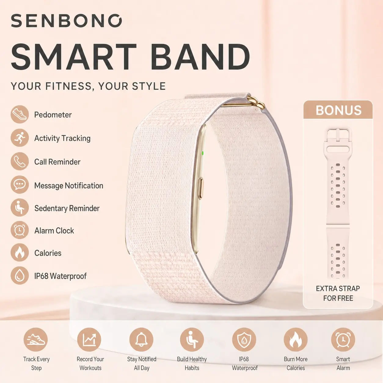 SENBONO IP68 Waterproof Smart Band, Swim Tracking, 100+ Sports Modes, Blood Oxygen Heart Rate Bp Monitoring, Long Battery Life, Magnetic Charging