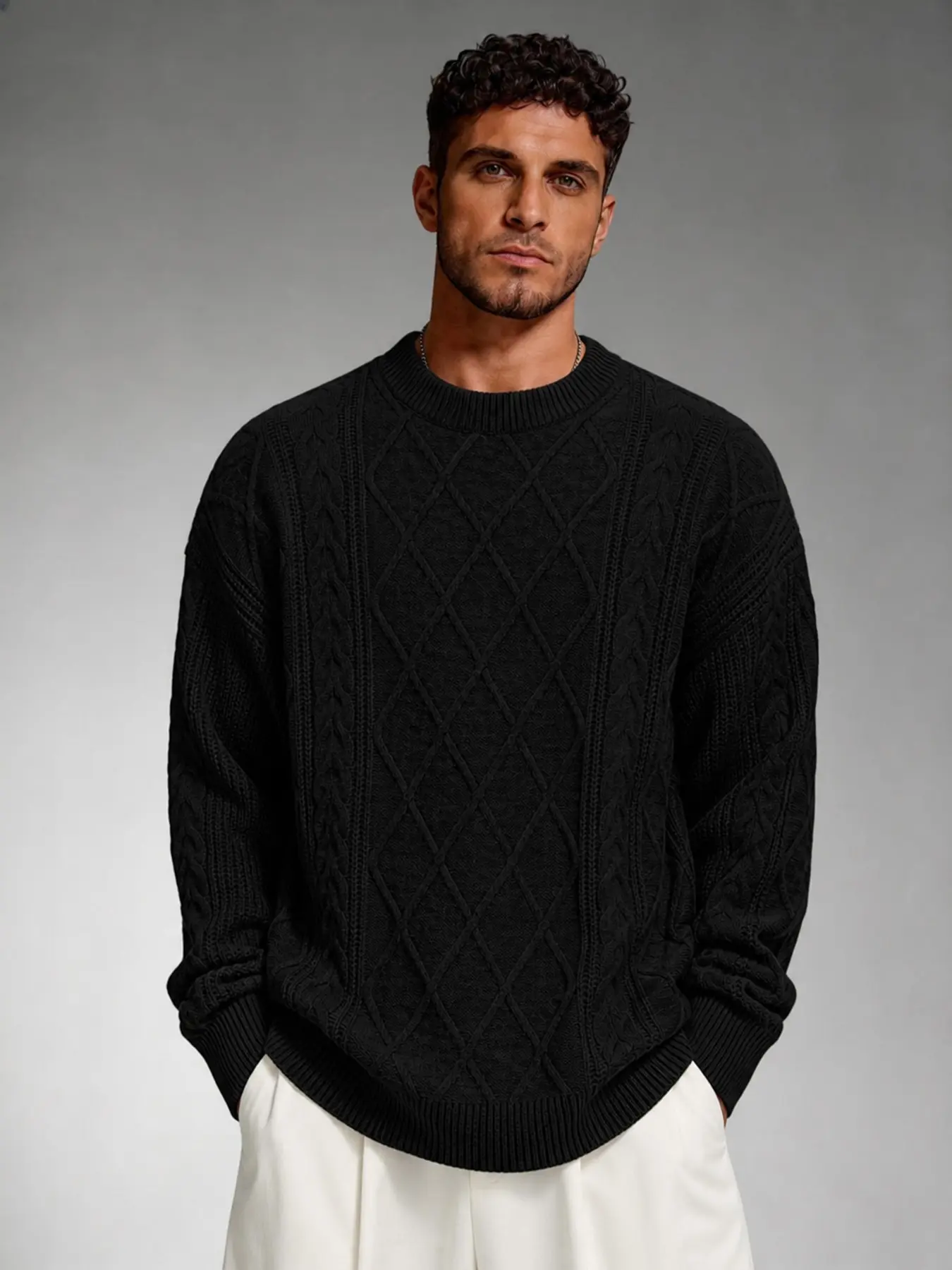 Men's Crew Neck Cable Knit Sweater, Diamond Textured Long Sleeve Pullover, Casual Autumn Winter Daily, Comfortable and Stylish