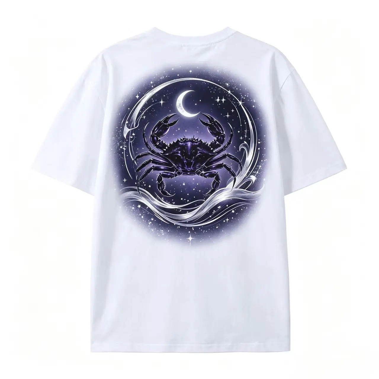 Mystic Cancer Zodiac Graphic Tee – Giant Crab in Starry Night Sky with Moon Waves (Back Print), Ethereal Astrology Cotton Shirt, Ideal Gift for June/July Birthdays, Best Summer Night Wear
