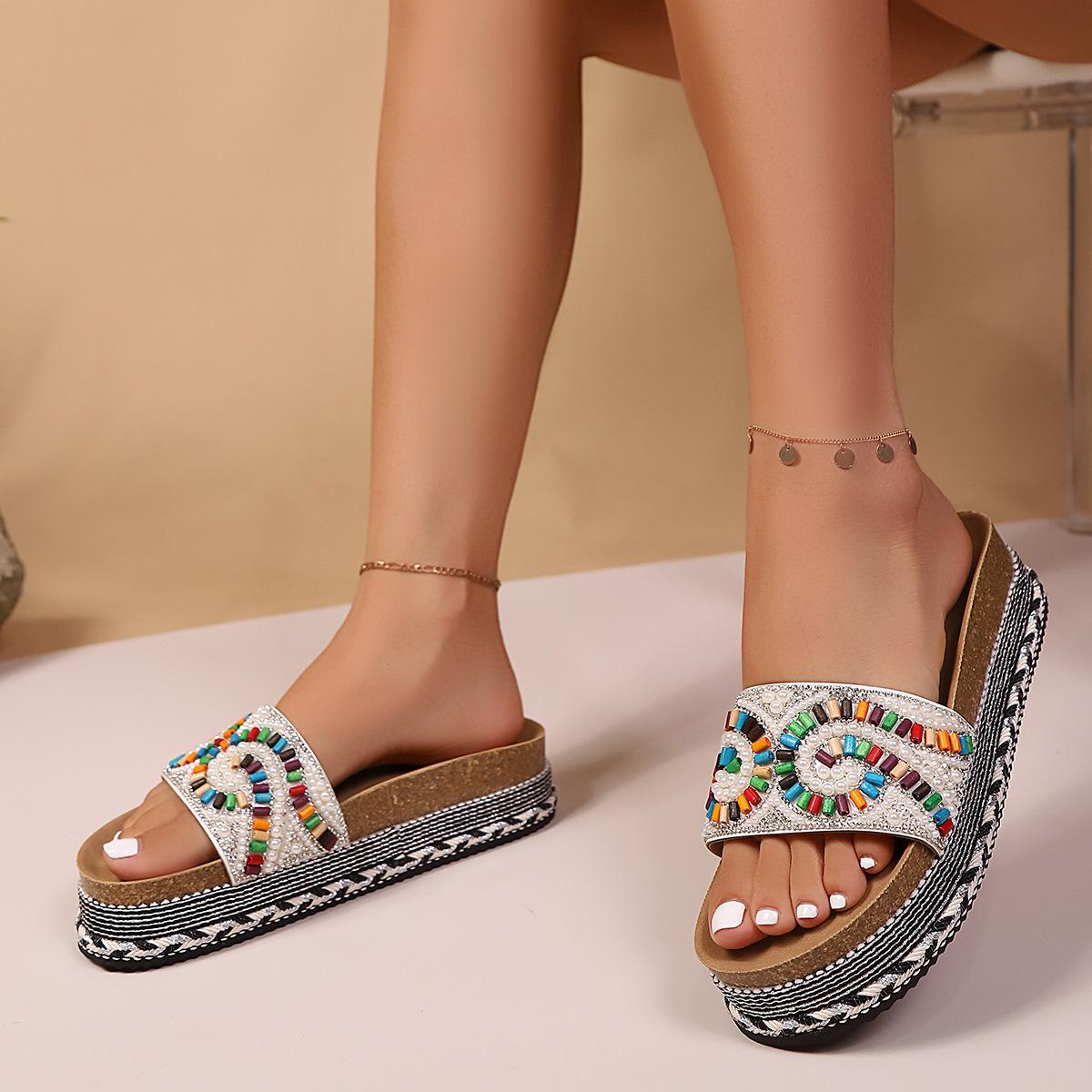 Women's Platform Sandals Summer Beach Slides with Pearl Embellished Cork Wedge Soft Sole Slippers Large Size Comfort Outdoor Shoes Ethnic Style Fashion Footwear for Women