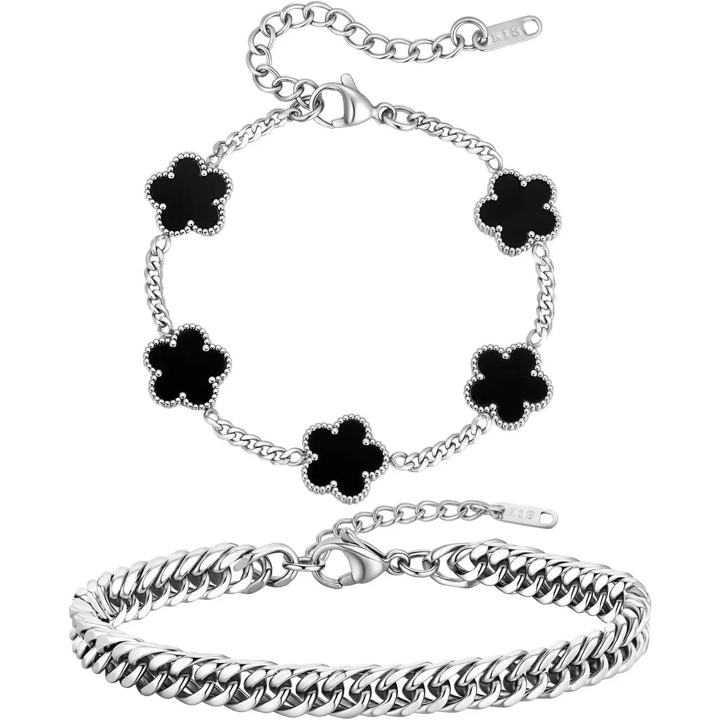 VNOX 2 PCS Unisex Stackable Floral Stainless Steel Gold Cuban Chain Link Bracelets - Lucky 4 Clover Charm, Stainless Steel Chain Fashion Jewelry Gifts for Men