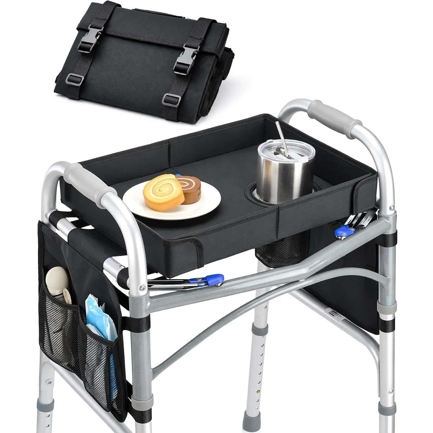 Walker Tray with Side Pockets & Cup Holder for Folding Walkers, Fits 17-19 Inch Walkers with Side Bars, Easy Install, Adjustable Straps, Spill-Resistant, Lightweight for SeniorsGift