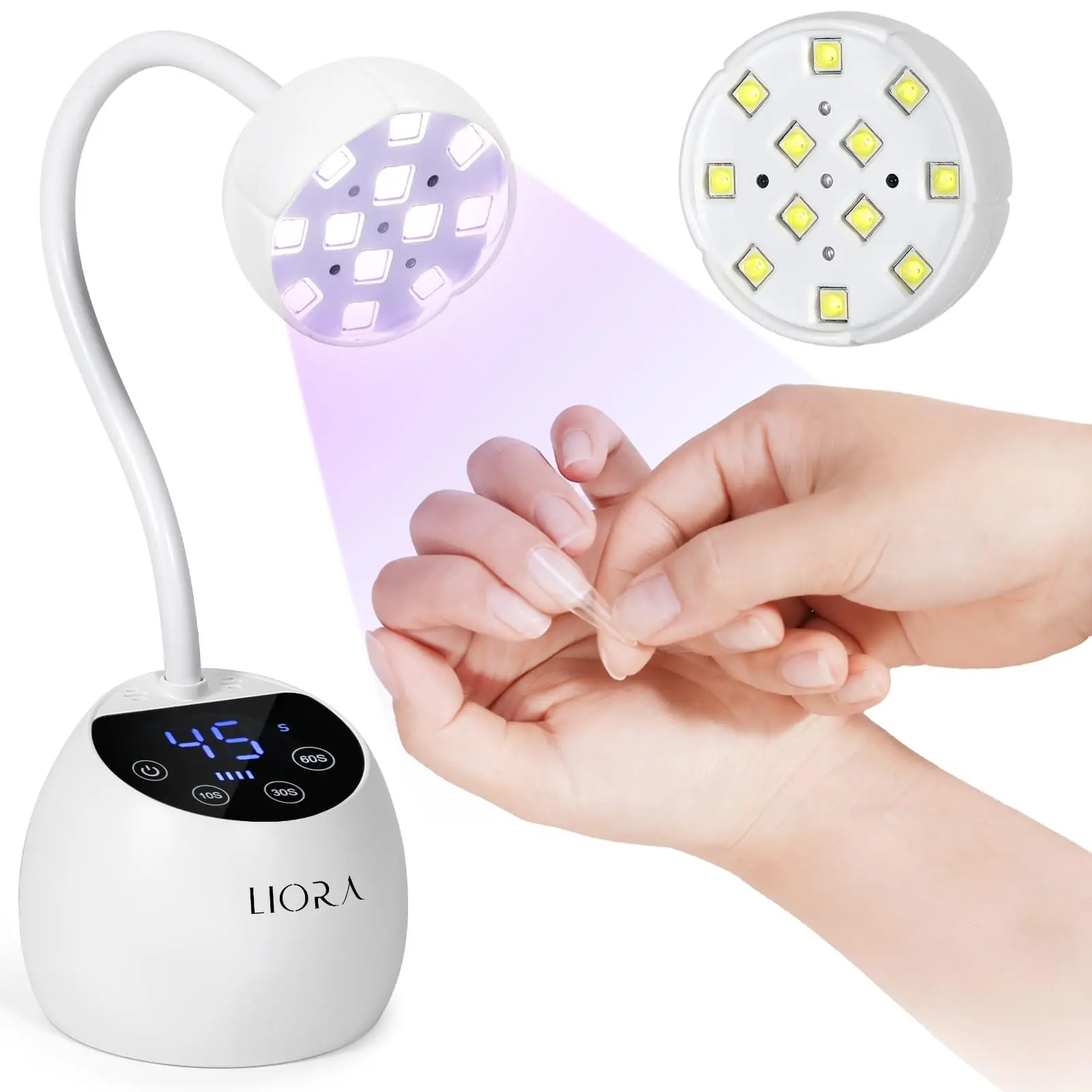 Liora UV LED Nail Lamp, Cordless USB Rechargeable, Gooseneck Design, 4 Timers, Auto Sensor, Flash Curing, Salon, Home, DIY Use