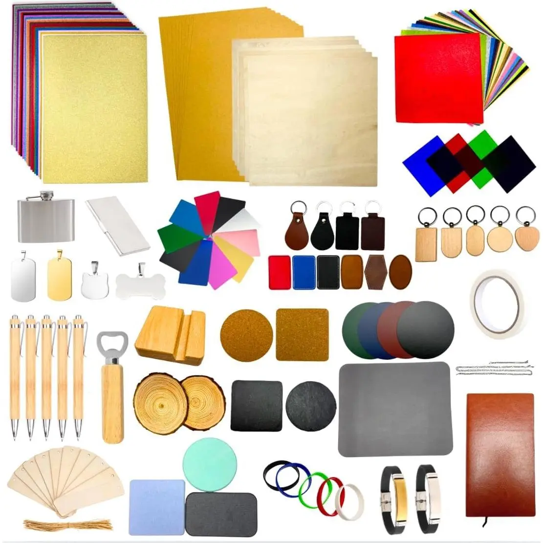 135 PCS Laser Engraving Material Kit, 27 Kinds Laser Engraver Blanks for Laser Crafting, Includes Wood, Acrylic, Fabric, Rock, PU Leather, Diatom Mud Materials