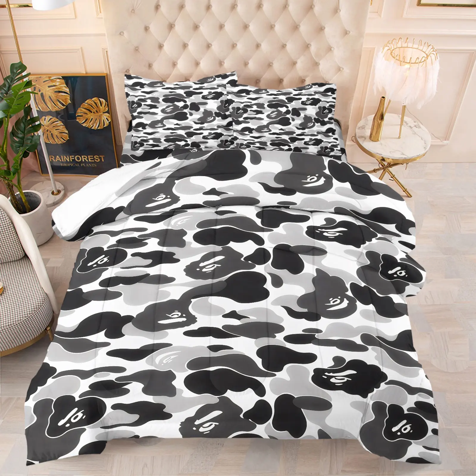 High Grade Black White Gray Camo Animal Head Print Quilted Comforter Set, Include 1 Quilt Core and 1/2 Pillowcases, Simple Advanced Cool Head Design Fashion Unique Warm Bedding, Moderate Thickness, Suitable for All Seasons