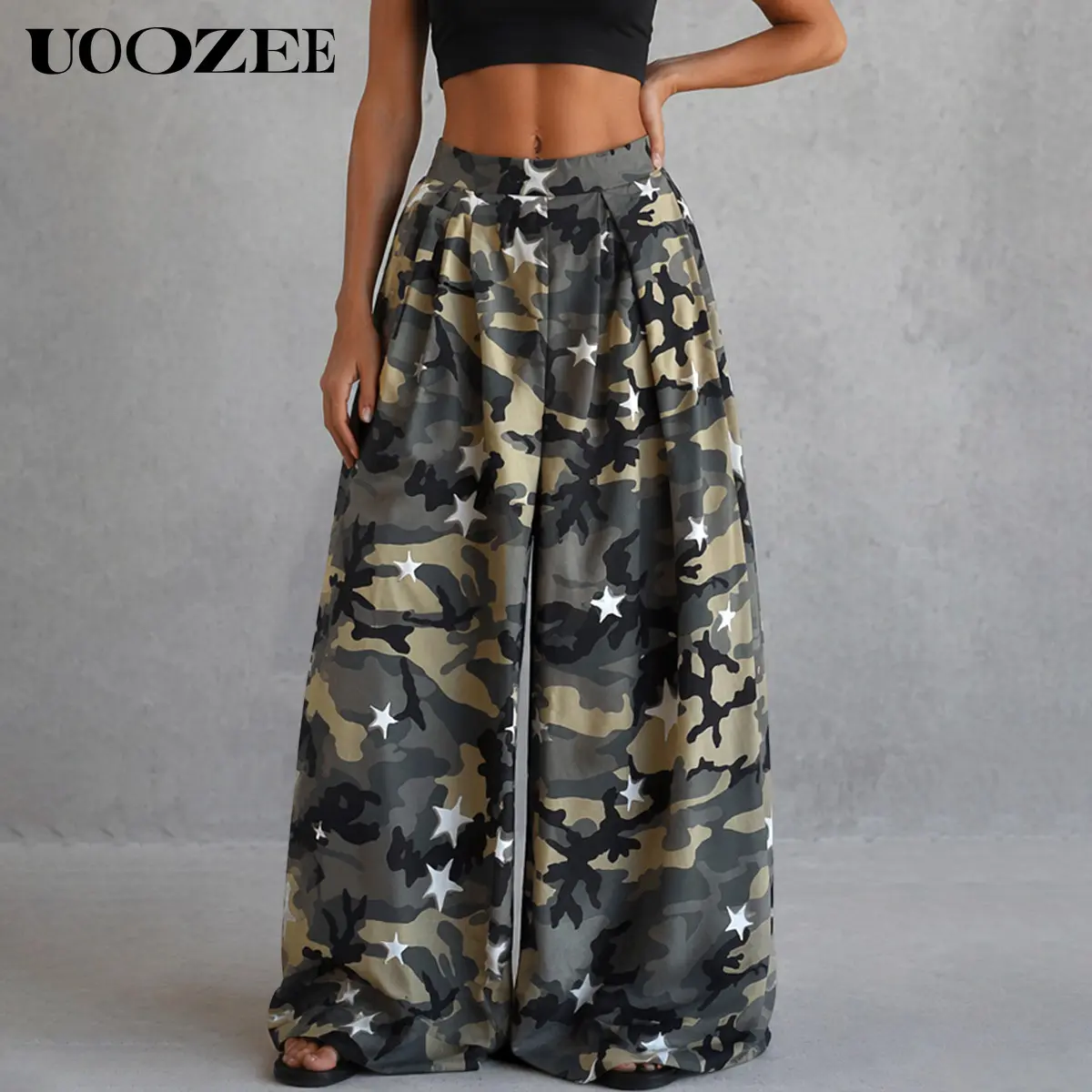UOOZEE Women's Camouflage Star Print Streetwear Baggy Oversized Wide Leg Palazzo Pants - Half Elastic High Waist Pleated Trouser with Real Pockets, Non-Stretch 100% Polyester Casual Bottoms for Spring Fall, Size Up 1 for Curvy Figures, Fit
