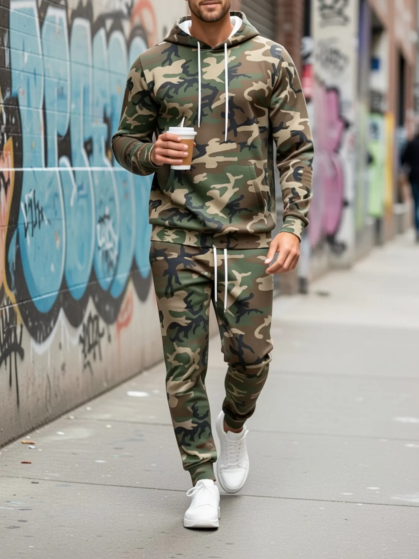 Men's Camouflage Hoodie Set, Spring & Fall Casual Sportswear, Two-Piece Fashion Trendy Jacket and Pants, Comfortable Outdoor Wear