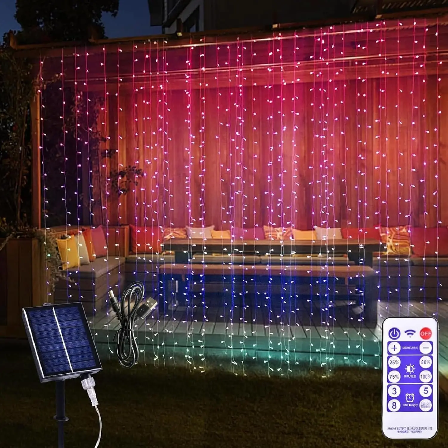 300 LED Solar Curtain Lights USB & Solar   8 Modes  Fairy Window Lights Twinkle for  Indoor Outdoor Use Patio Christmas Decoration (Multi-Colored)