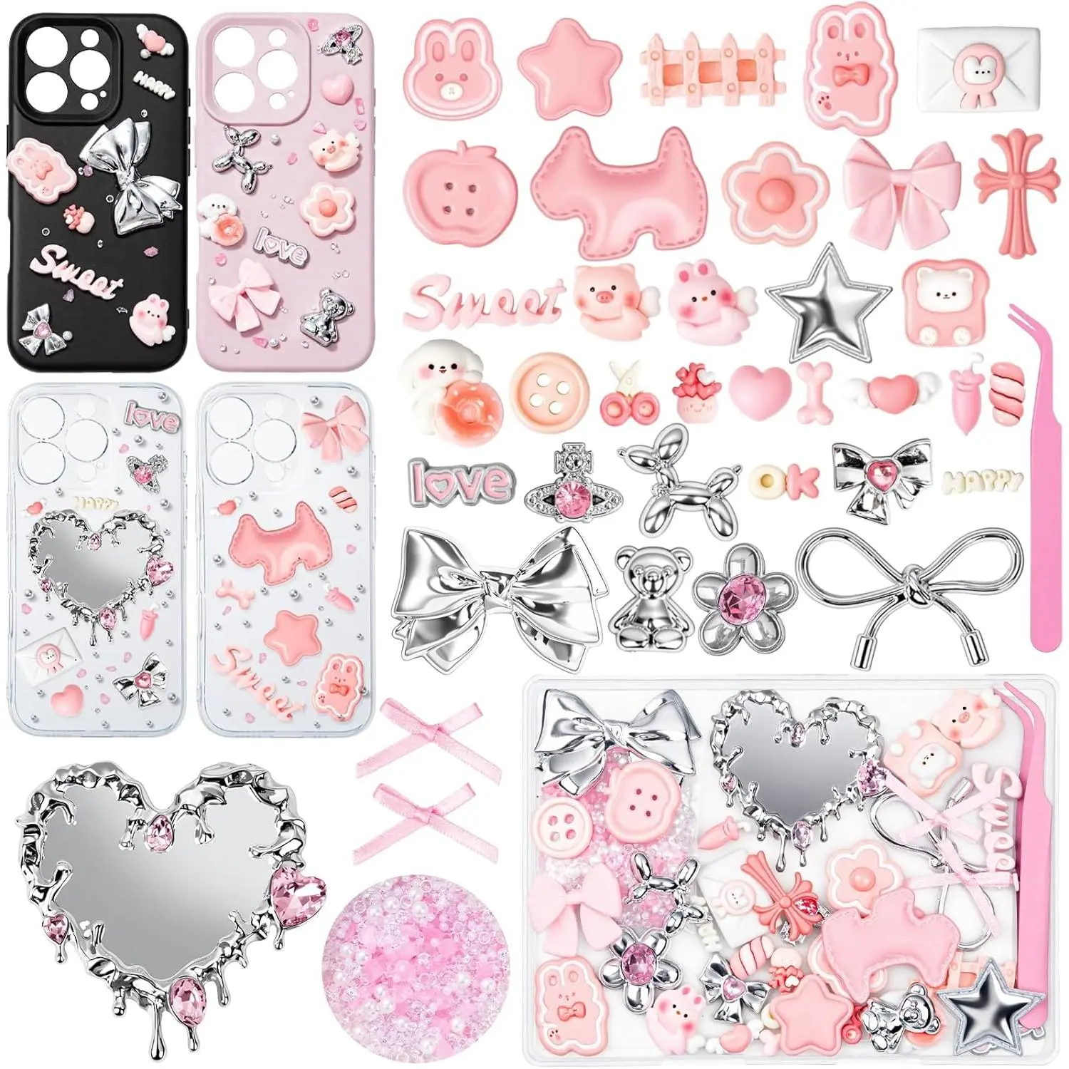 Junk Case Charms Kit - Pink-Silver Themed Flat Back Resin Pieces - Phone Decorations with Mirror and Tweezers - Kawaii Accessories for DIY Cute and Junk Phone Case, Jewelry, Nail Art, Shoes, Socks, Keychains