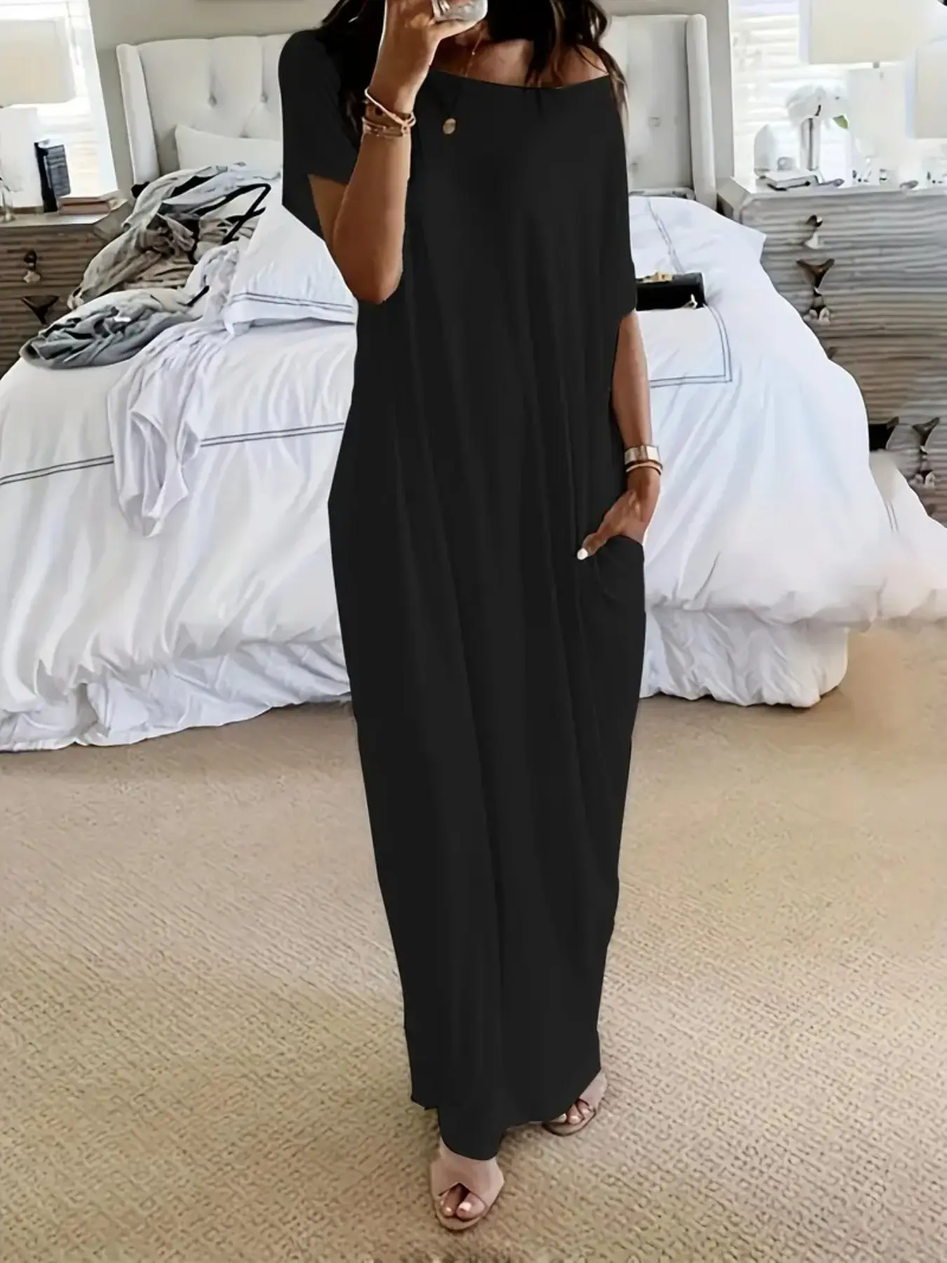Women's Solid Color Sleepwear, Loungewear, Casual, Micro-Stretch Soft Polyester Fabric, Stretchy, Fashionable Design Large Round Neck Baggy Loose Fit Short Sleeve Long Nightgown