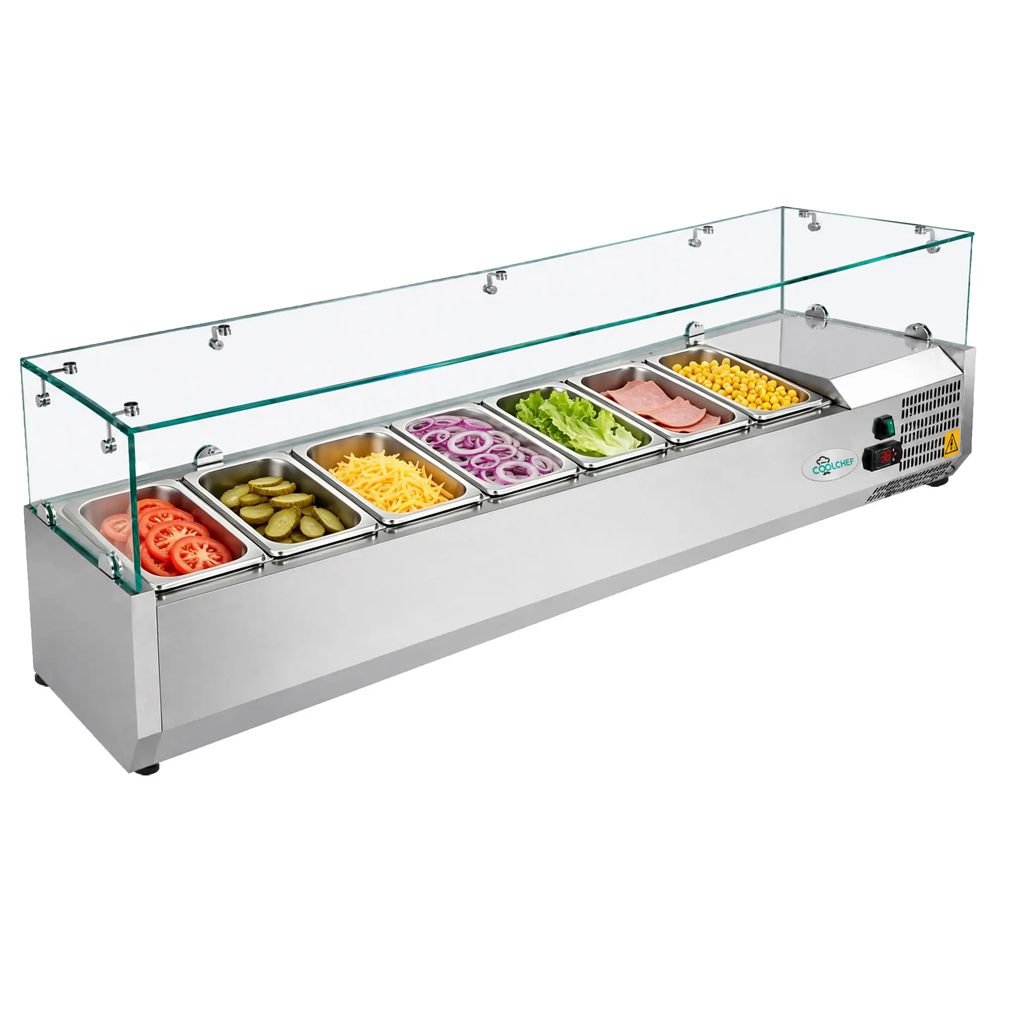 59" Commercial Stainless Steel Refrigerated Prep Station with Condiment Rail, Glass Guard, 1.7 Cu.Ft Cooling Capacity, 35°F-50°F Control, R290 Eco-Friendly Refrigerant, ETL Certified for Kitchen Pan Prep, Restaurant Use