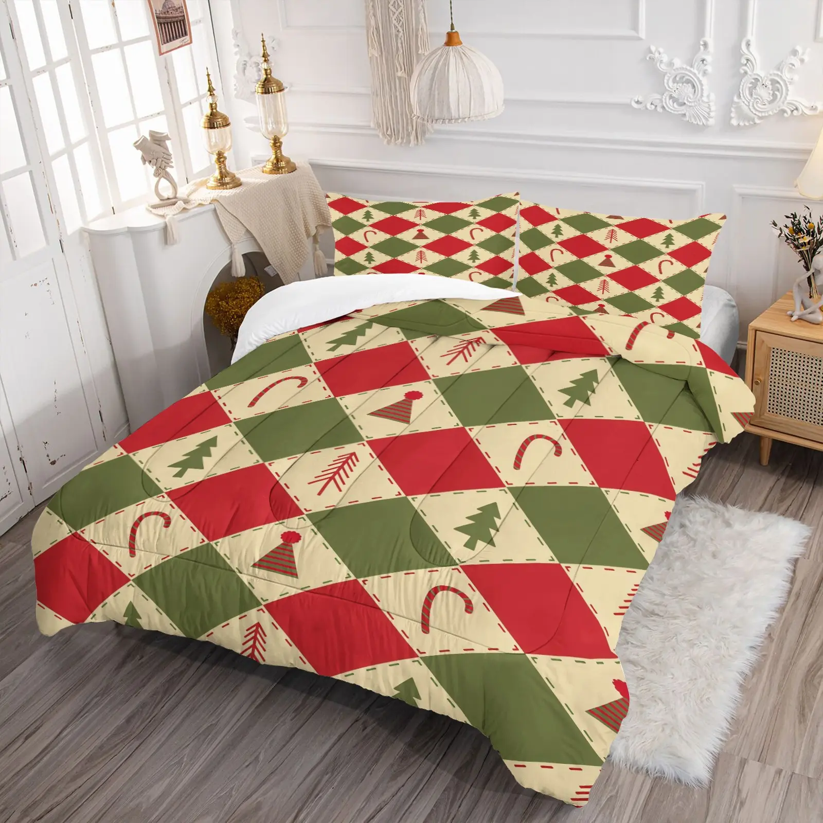 Christmas Themed Bedding Set with Red & Green Floral Pattern, Soft Decor for Adult Bedrooms, Great Gift for Friends & Family, Ideal Housewarming & Holiday Present. Includes 1 Quilt and 1 or 2 Pillowcases, Pillow Inserts NOT INCLUDED