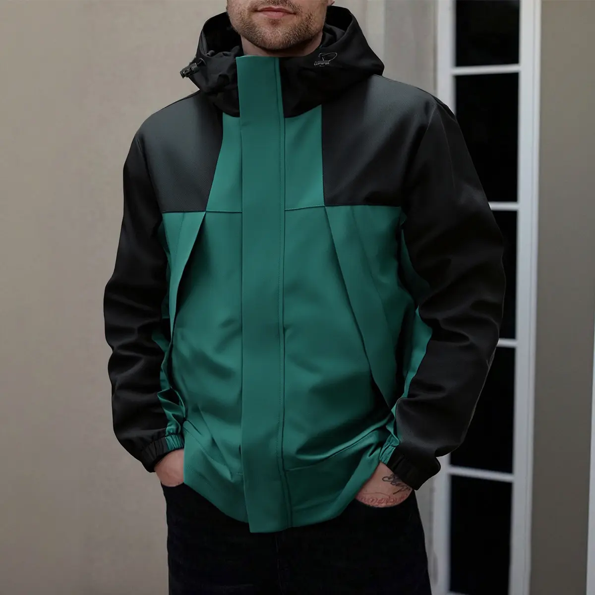 Men Jacket Edgy contrast‑tone hooded men jacket wind‑shield surface material fine stitching workmanship multi‑position functional pockets stable zipper system loose comfortable fit suitable for urban wandering countryside sightseeing
