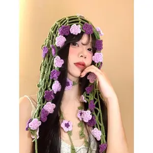 Crocheted Flower Triangular Headscarf Women Summer Pastoral Style Headband Vacation Style Fairy Knitted Waist Towel Headband