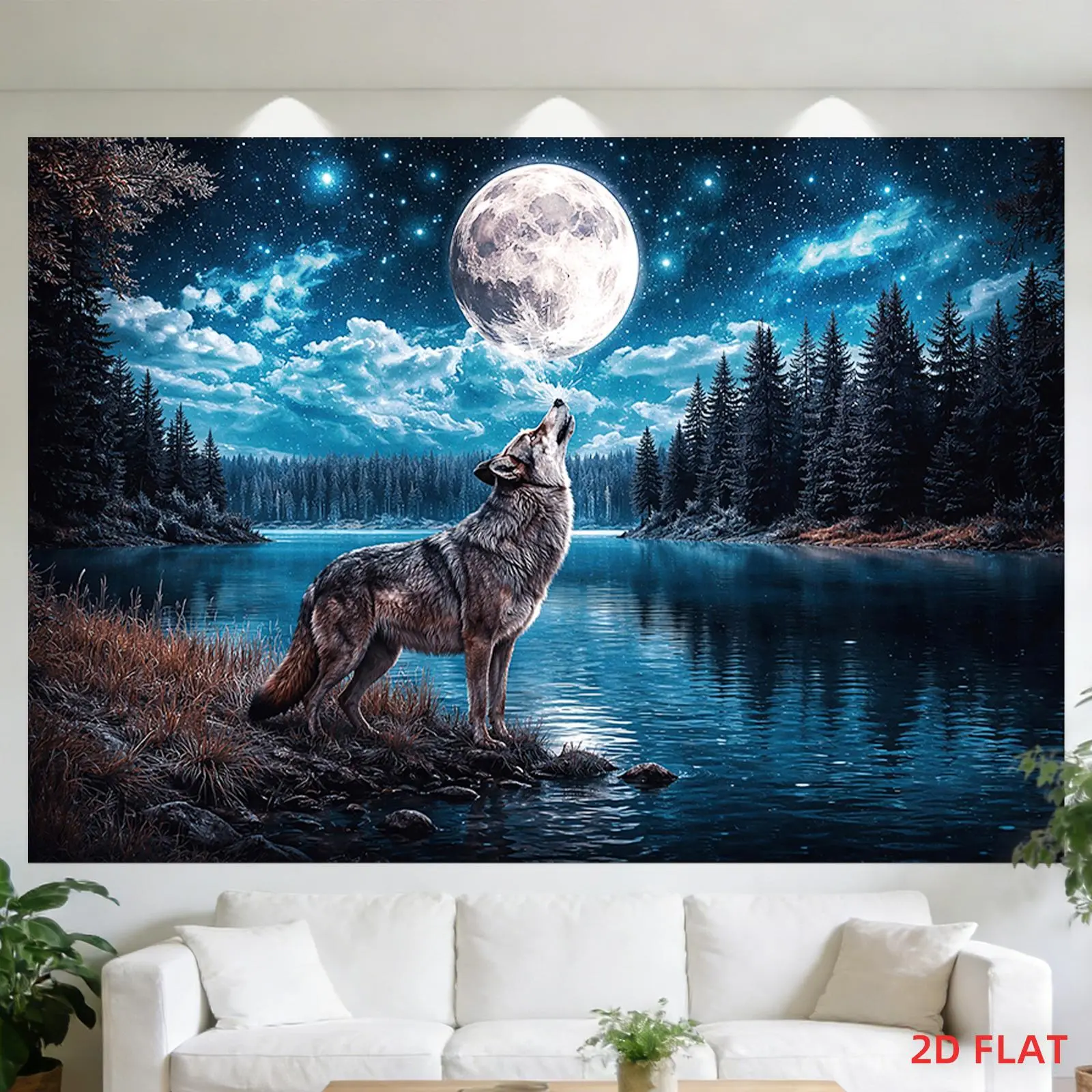 Tapestry Wolf Howling at The Moon Over a Lake And Night Sky, Perfect for Decorating Walls in Bedrooms, Living Rooms, Meditation Spaces, Offices, Or for Party Decor.