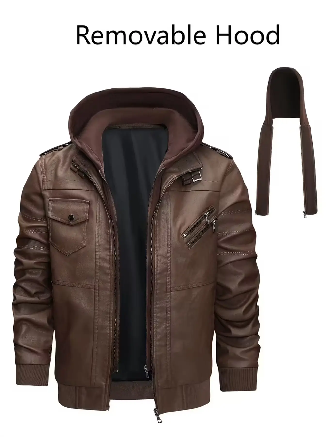 Men's Fall Winter Casual Motorcycle Jacket Coats, Dual Zipper Vintage Hooded Stand Collar, Multi-Pocket Detachable PU Leather Outerwear