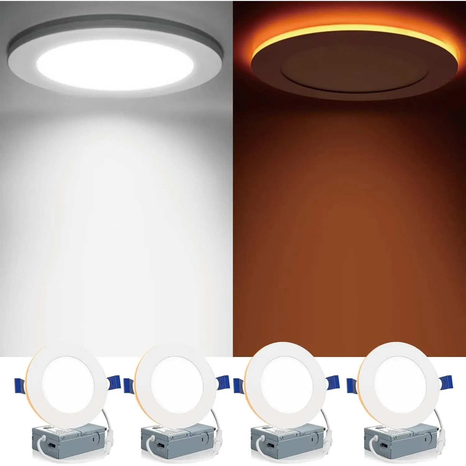 4 Pack 4 Inch 5CCT LED Canless Recessed Lighting with Night Light, 2700K/3000K/3500K/4000K/5000K Selectable Ultra-Thin LED Ceiling Lights, 9W=75W, 750LM, Dimmable Wafer Downlight ETL&FCC