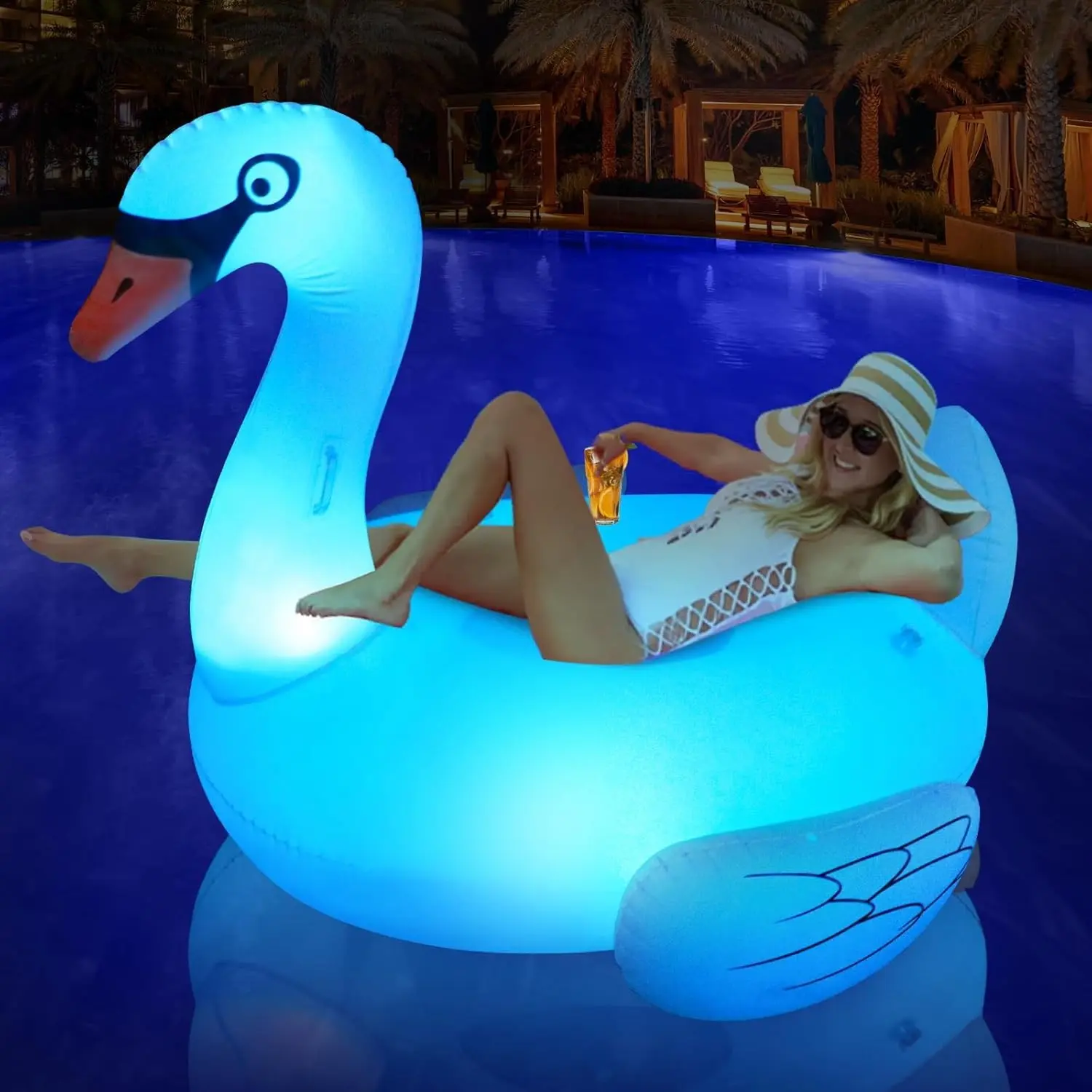 Pool Floats Solar Powered Flamingo Pool Floats Adult w/LED Color Changing Lights, 69'' Large Inflatable Pool Floaties w/Cup Holder, Lake Float Lounger, Giant Light up Flamingo Pool FloatGift