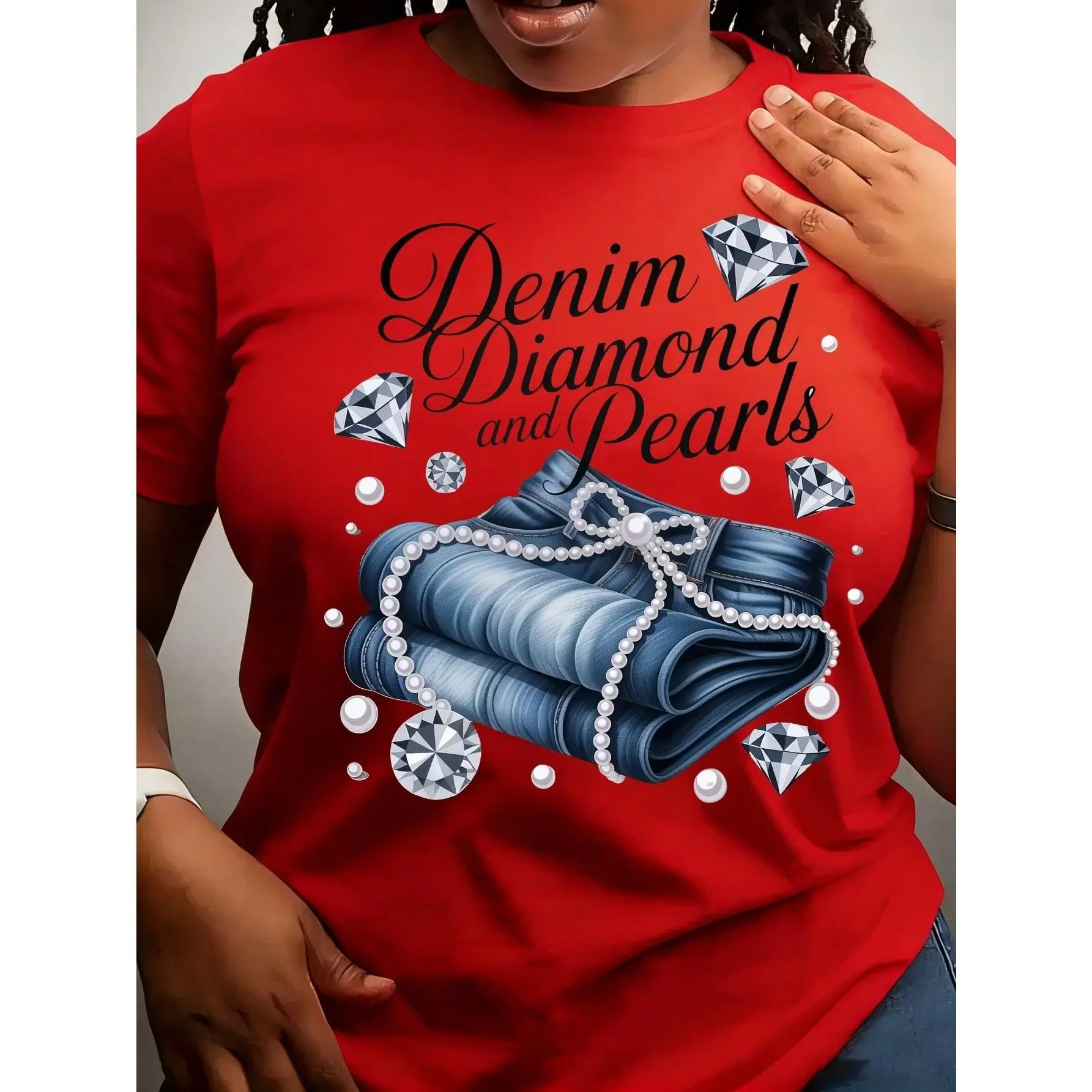 Women's Graphic T-Shirt in 100% Cotton, Casual Denim & Pearls Print, Comfortable Loose Fit Short Sleeve for Parties, Party, Fabric, Round Neck, Piece, Casual Party