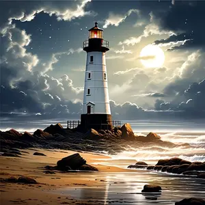 5D Lighthouse Diamond Painting Kit, Full Round Drill Seaside Design, Complete Tools, DIY Craft for Adults, Home Wall Decor