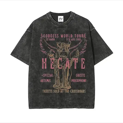 Women's Oversized Cotton Fabric Round Neck Graphic T-Shirt - Hecate Goddess World Tour Outfit, Vintage Wash Dark Academia Top, Witchy Greek Myth Design, Machine Washable Pre-Shrunk, Goth Gift for Occult Lovers (Valentine’s Day Pick)