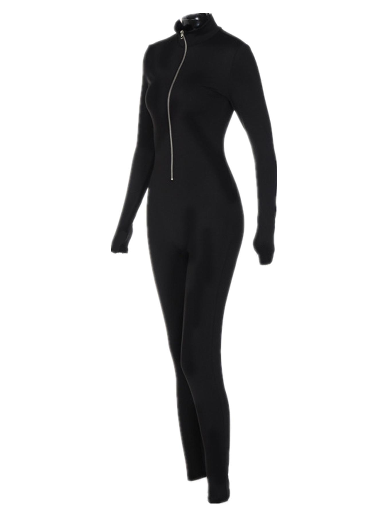 Women's Solid Zip Up Thumb Hole Design Bodysuit, Slim Fit Casual Basic Long Sleeve Stand Collar Bodycon Bodysuit, Zipper Corset Bodysuit for Fall & Winter, Women's Clothes for Daily Wear, Longsleeves Womenswear