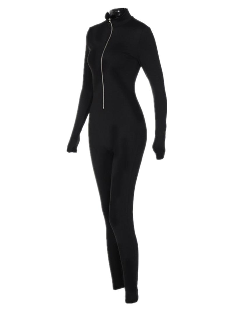 Women's Solid Zip Up Thumb Hole Design Bodysuit, Slim Fit Casual Basic Long Sleeve Stand Collar Bodycon Bodysuit for Fall & Winter, Women's Clothes for Daily Wear, Longsleeves Womenswear