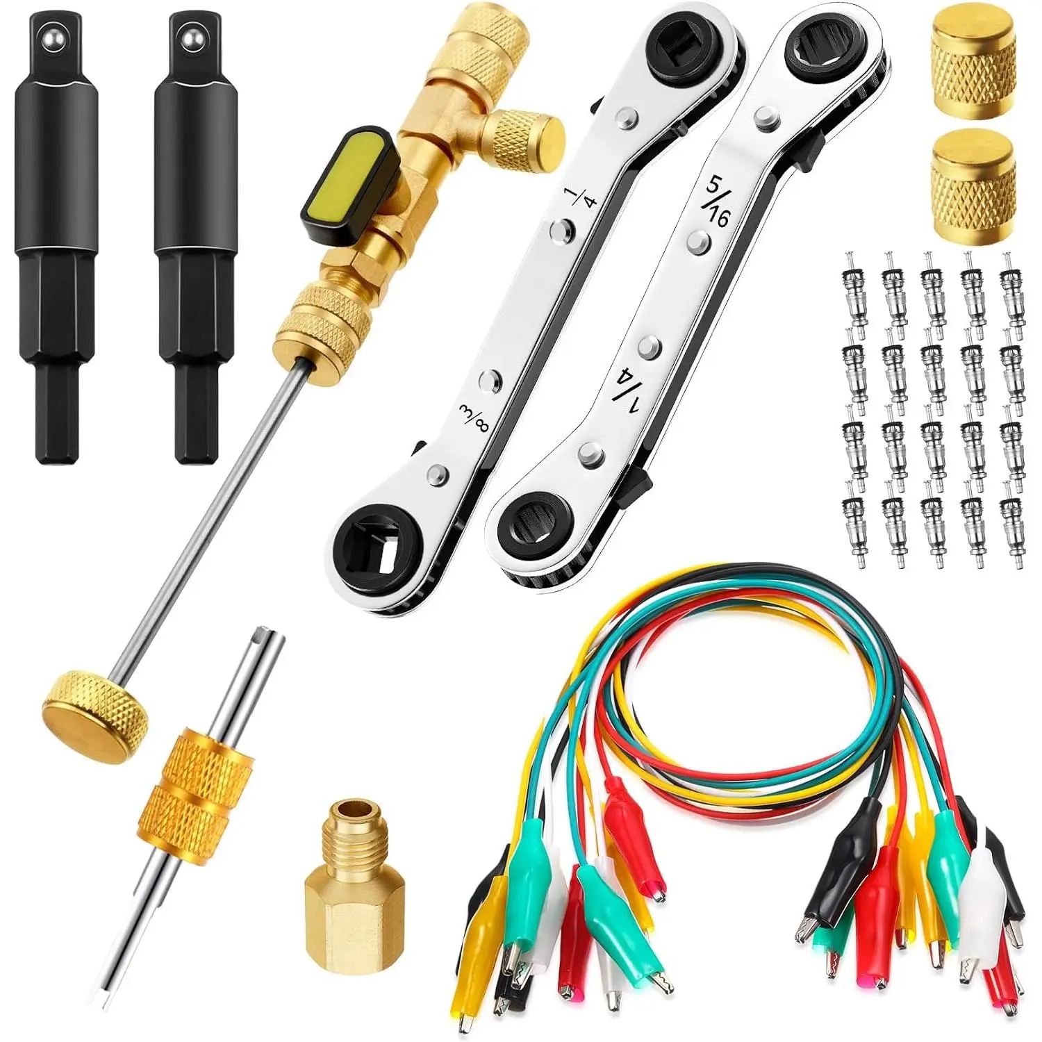 18 count Valve Core Remover Installer Tool with Refrigeration Repair Wrench Set  Size 3/8 1/4 5/16 3/16 Service Ratchet Wrench with Hex Bit Adapter Cord  Clips Test leads
