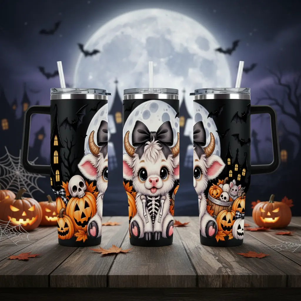 Halloween Highland Cow Tumbler with Straw, Cute Spooky Cow Skeleton Design, Pumpkin and Haunted House Print, Insulated Travel Coffee Cup with Handle, Reusable Halloween Gift for Cow Lovers, Women & Girls