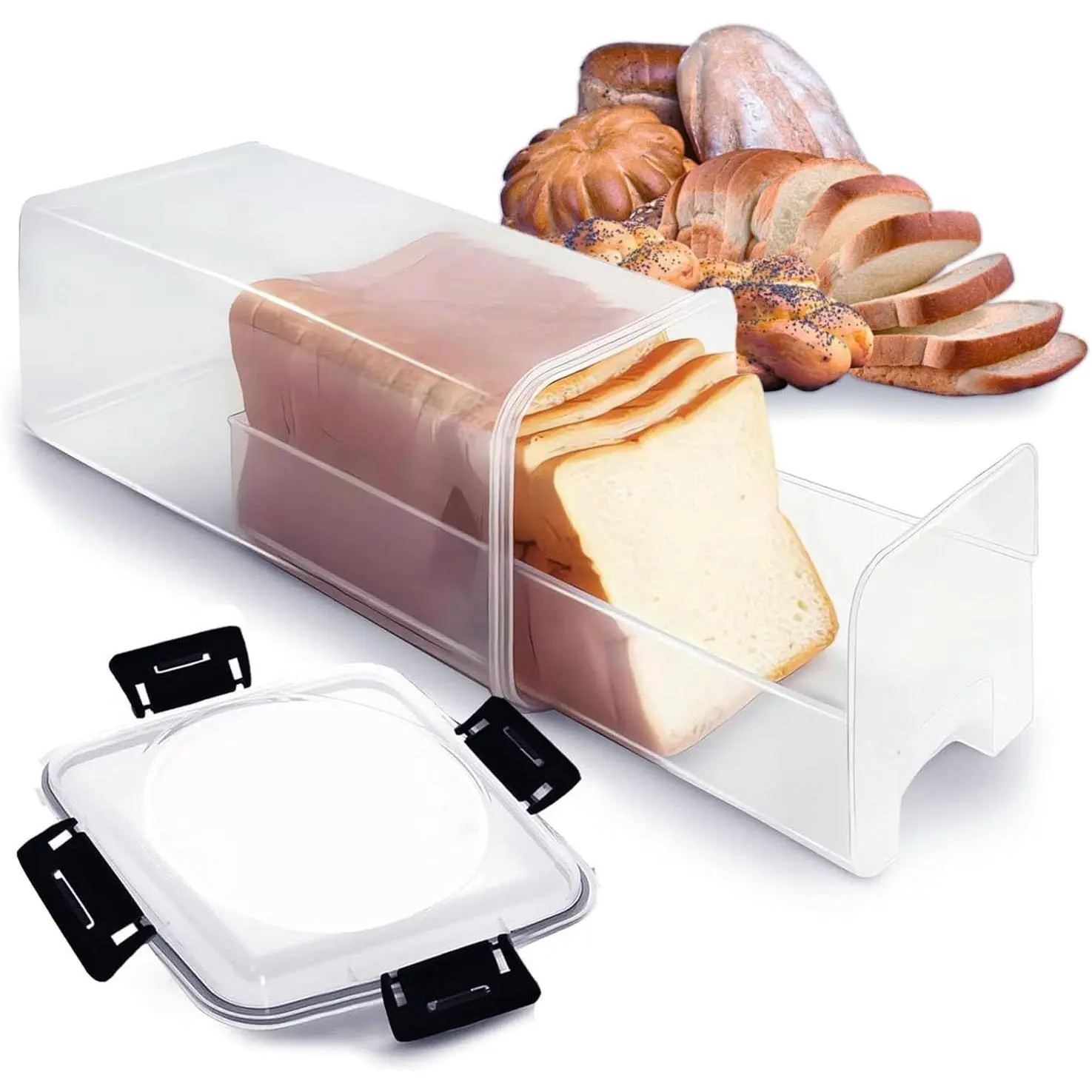 Slide-Out Bread Storage Container with Airtight Lid, Clear Plastic Bread Box with Drawer Tray for Sandwich Loaves, Bagels & Buns, 13×5×5 in BPA-Free Bread Keeper for Counter, Pantry & Freezer