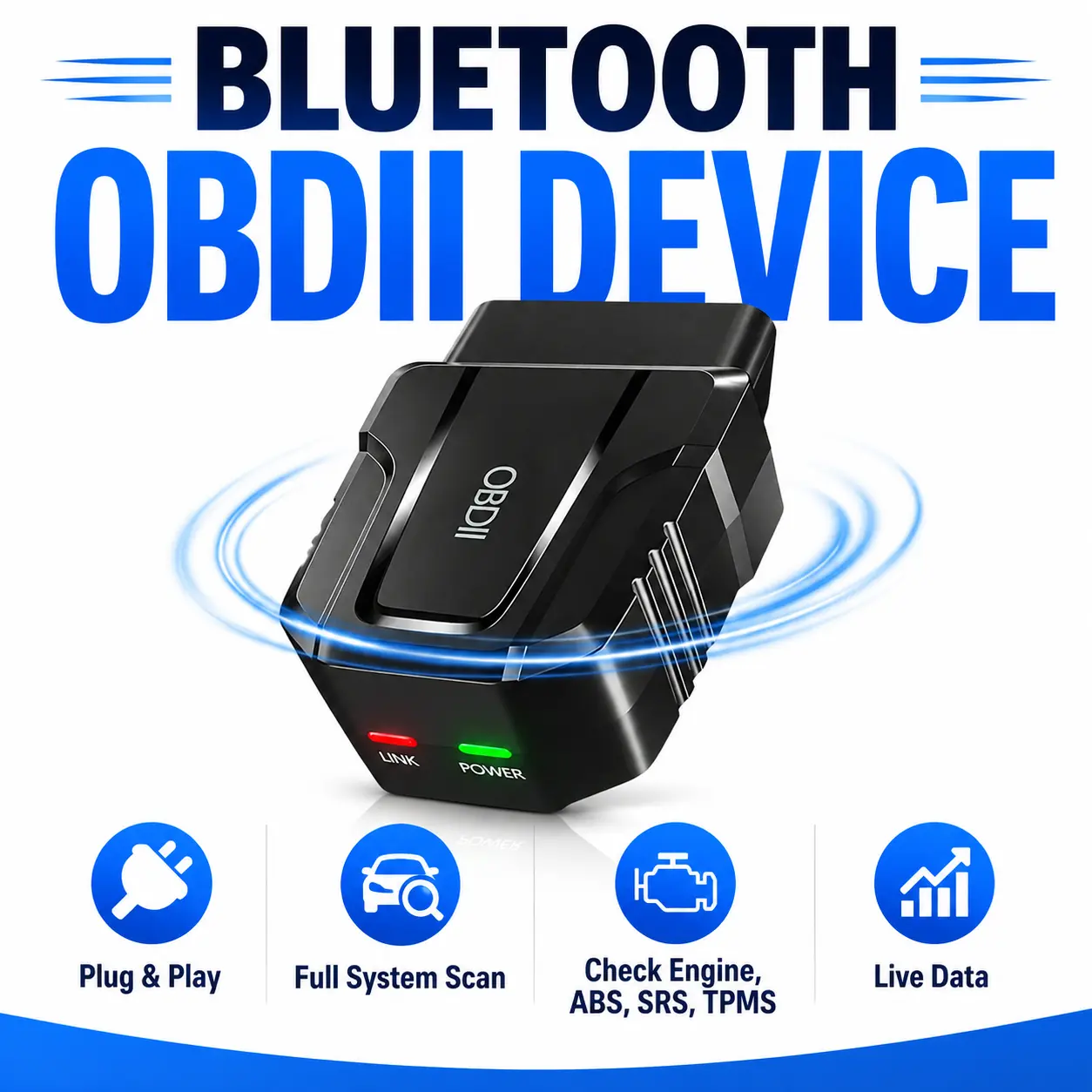 Universal Bluetooth OBD2 Code Reader & Full System Scanner, Plug-in Automotive Diagnostic Device for Check Engine Lights, ABS, SRS, TPMS, Live Data and Error Code Troubleshooting
