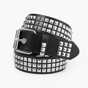 Classic 3-Row Pyramid Studded Belt Vintage Punk Rock Gothic Leather Waistband