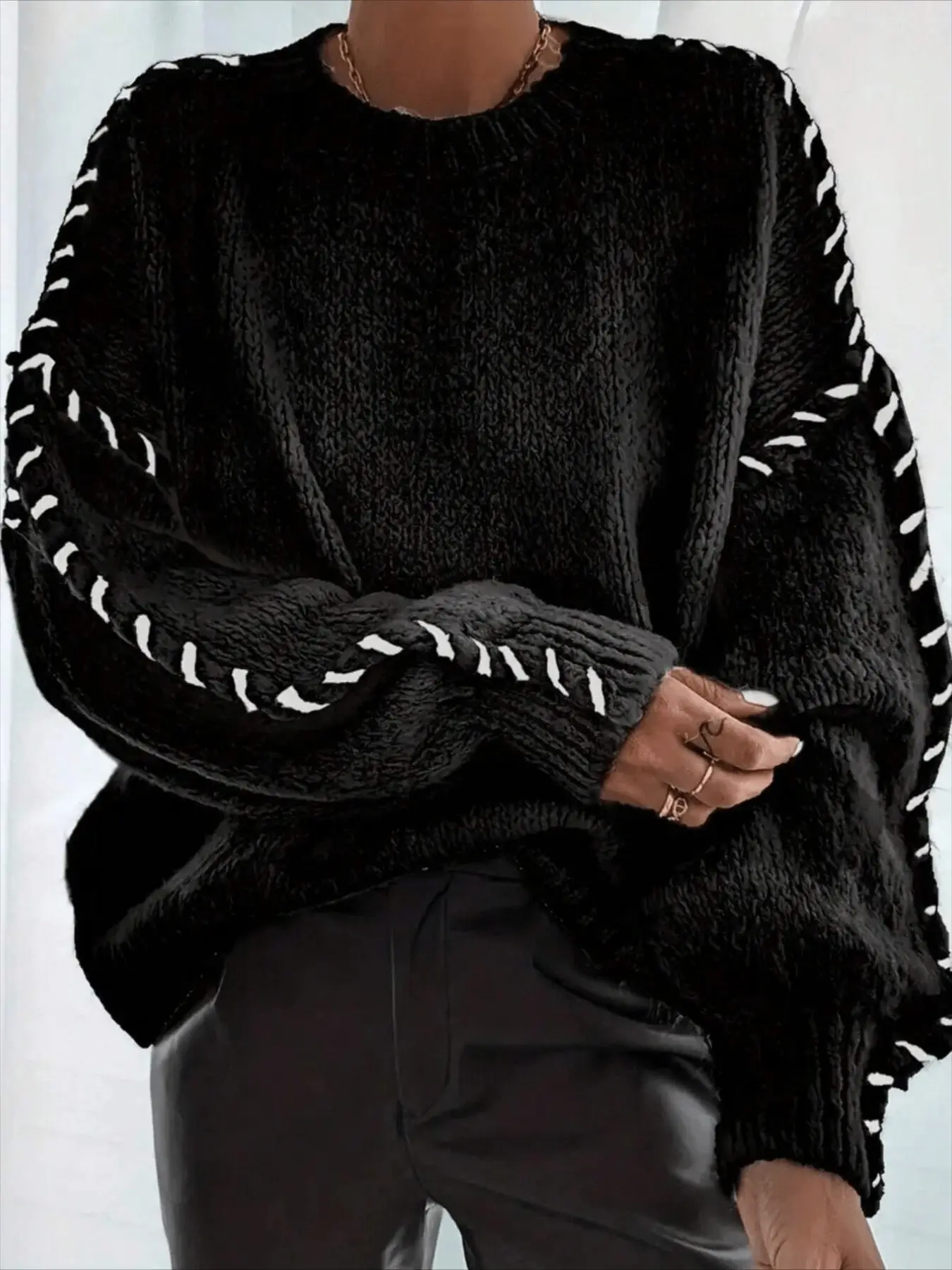 Plus Size Women's Sweater, Pullover Knitwear, Handmade Twisted Rope Craft, Round Neck, Raglan Sleeves, Colorblock Design