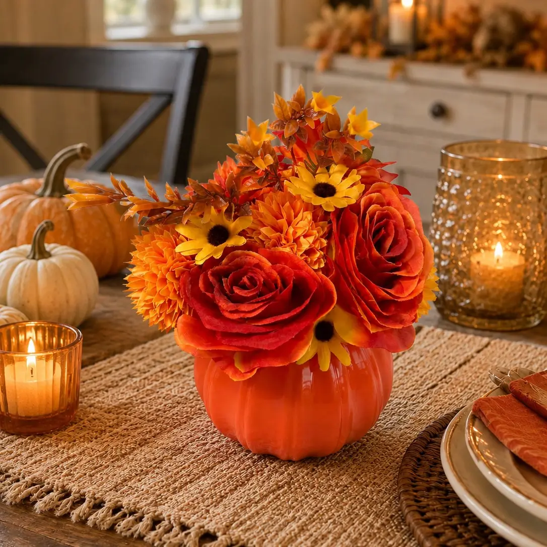 Autumn Pumpkin Floral Arrangement, Realistic Rose Chrysanthemum Pumpkin Vase, Tabletop Decor for Living Room Dining Table, Halloween Thanksgiving Atmosphere