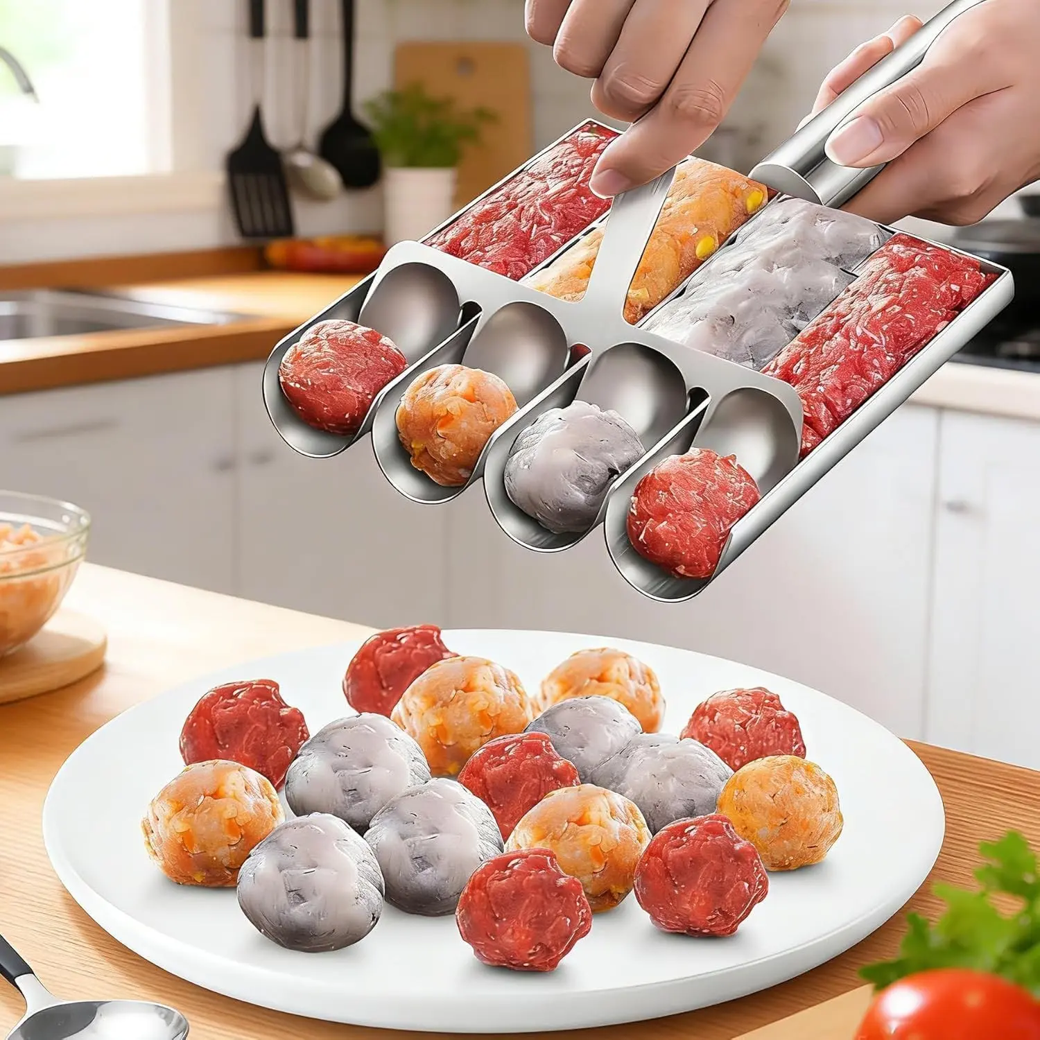 4 in 1 Meatball Maker Tool 304 Stainless Steel Kitchen Manual Non Stick Portable Meatball Spoon Ball Maker Kitchen Must Have Meatball Making Home Cooking Tools (Large 4 Channel)