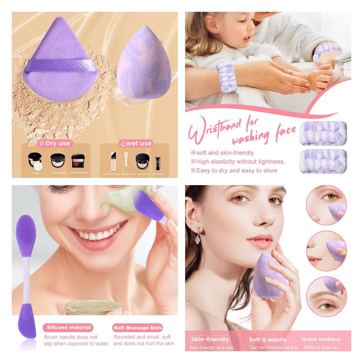 Makeup Set, 31pcs/set Cosmetic Sponges & Puff & Sponge & Headband & Cleansing Puff & Eyelash Curler & Mask Brush & Eyebrow Template & Tweezers & Wrist Strap