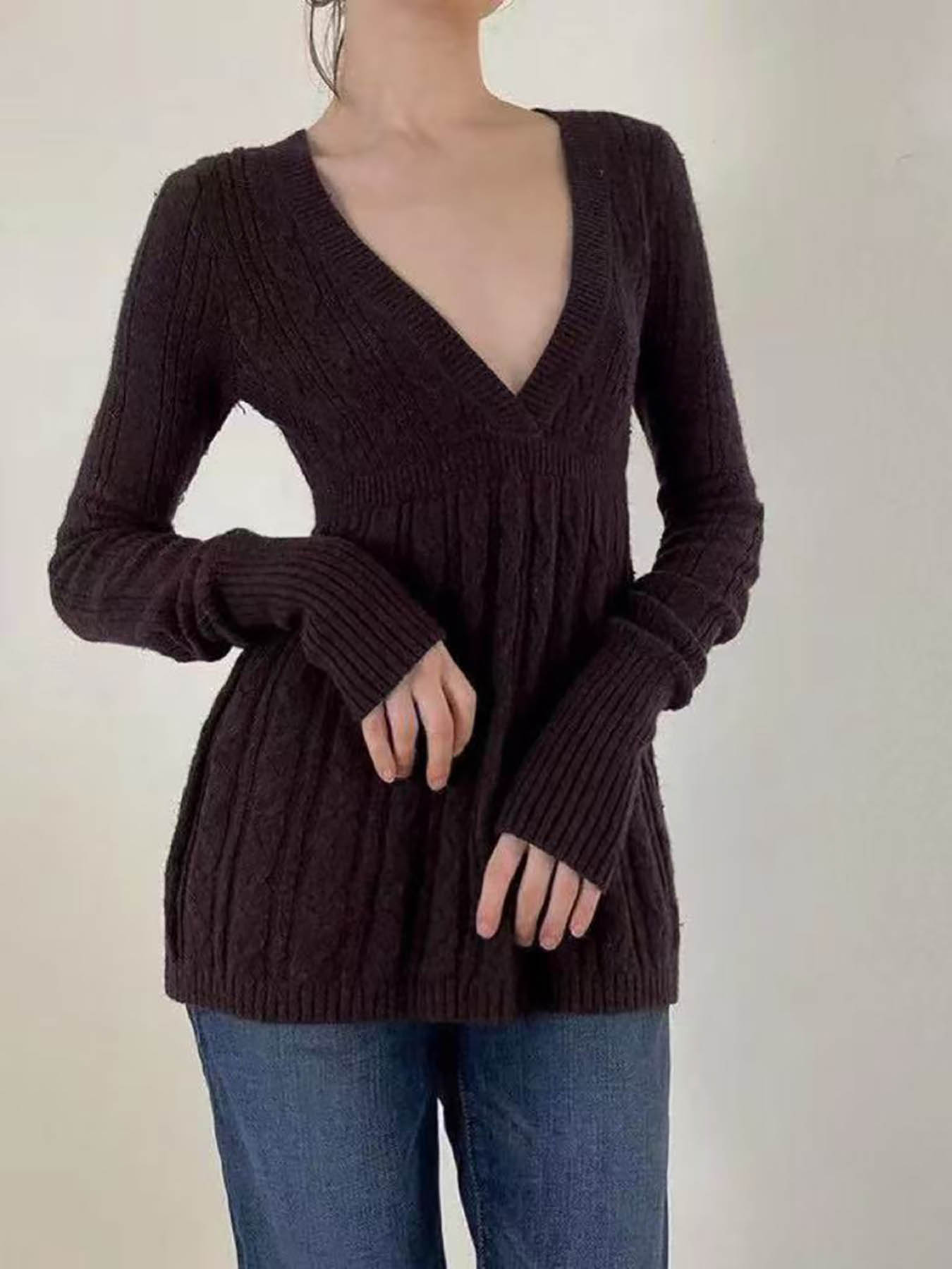 Women's Y2K Vintage Sweater, Soft Long Sleeve V-neck High Waist Knitwear for Women