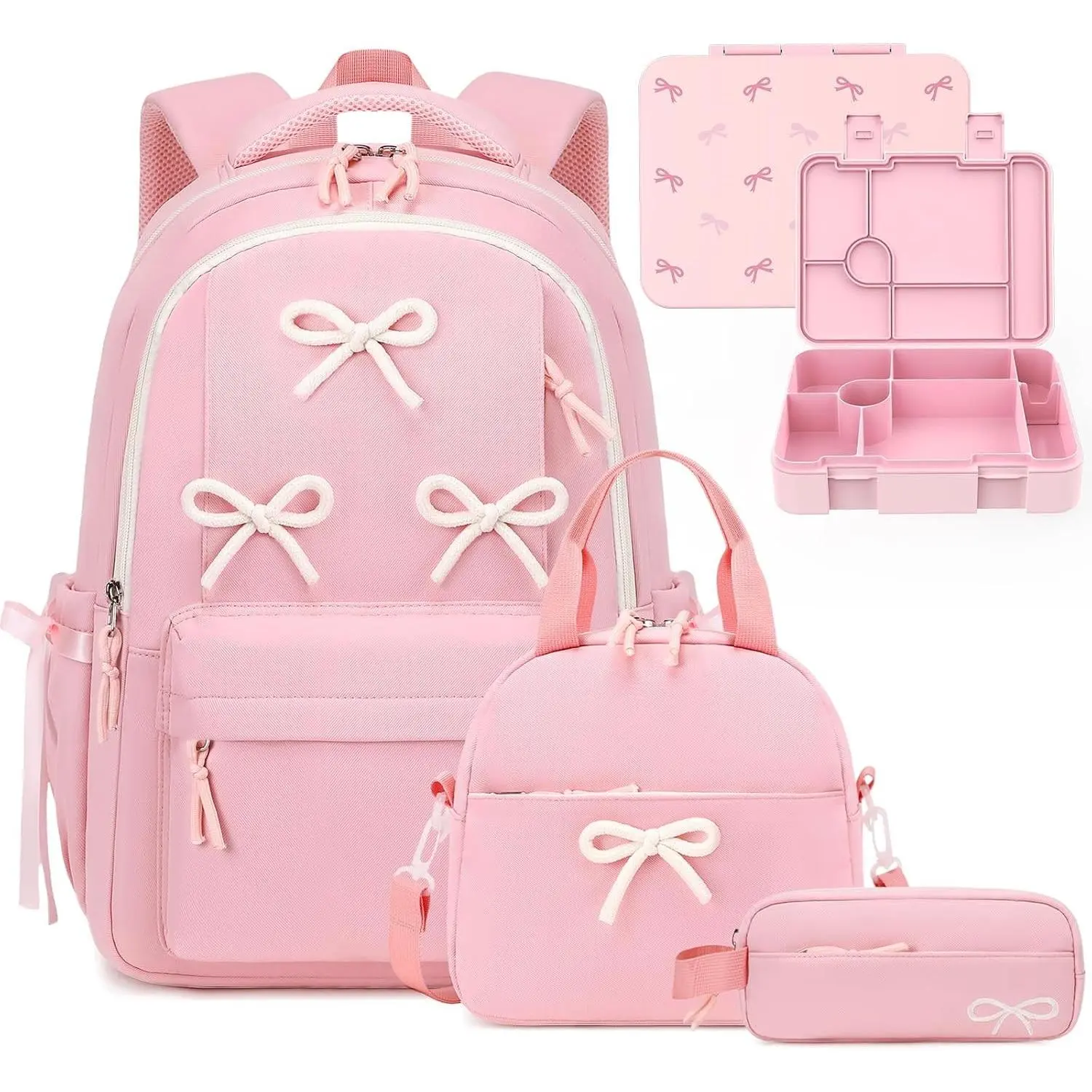 Backpack for Girls with Bento Box - 4PCS Bow Girls Backpack with Lunch Box, Pencil Case & Bento Box Set - 43oz Leakproof Lunch Box Kids Snack Containers Back to School Supplies (Pink)