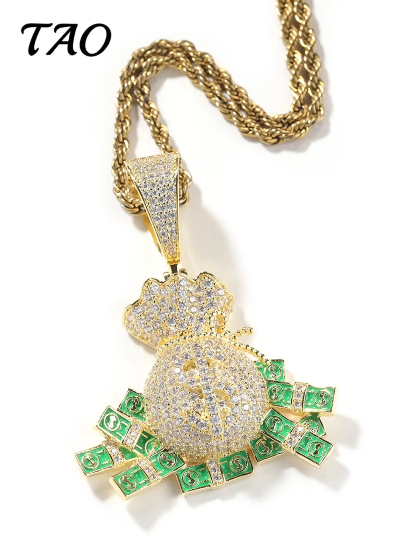 TAO-Creative Zircon Dollar Bill Pendant Costume Jewelry Necklace, 24inch Braided Chain, Hip Hop Style, Luxurious and Versatile, All Seasons Wear